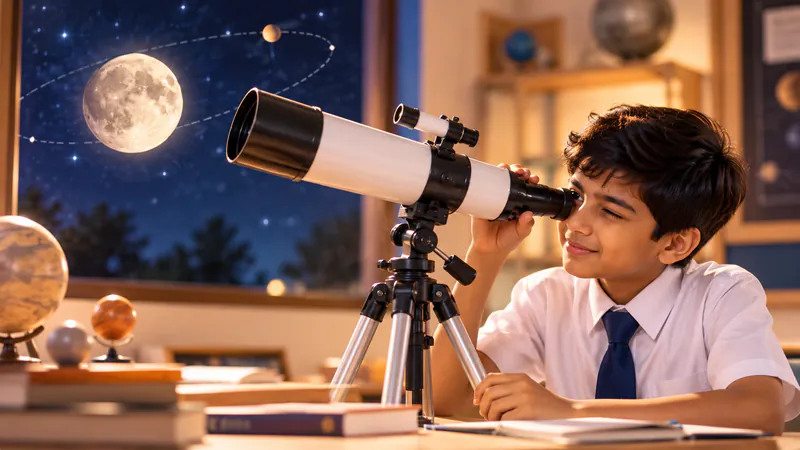 A student looks at the Moon through a telescope in a science classroom