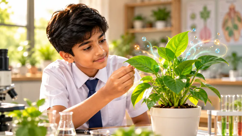 A student examines the leaves of a potted plant in a school science lab