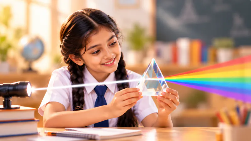 A student uses a glass prism to split a beam of white light into a rainbow