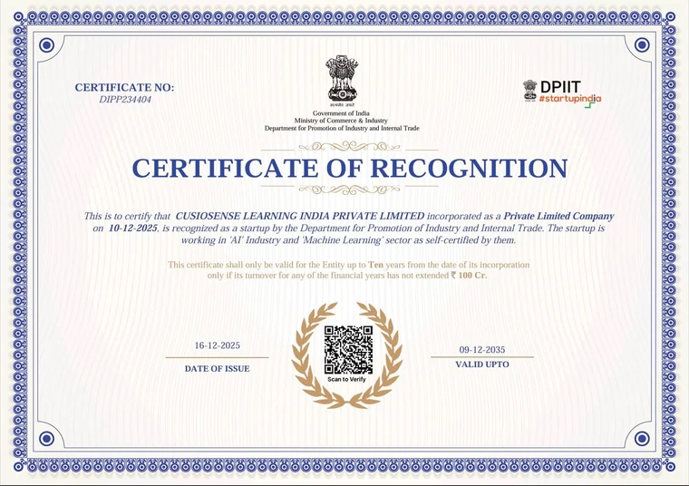 DPIIT Certificate of Recognition issued to Cusiosense Learning India Private Limited (Certificate No. DIPP234404)